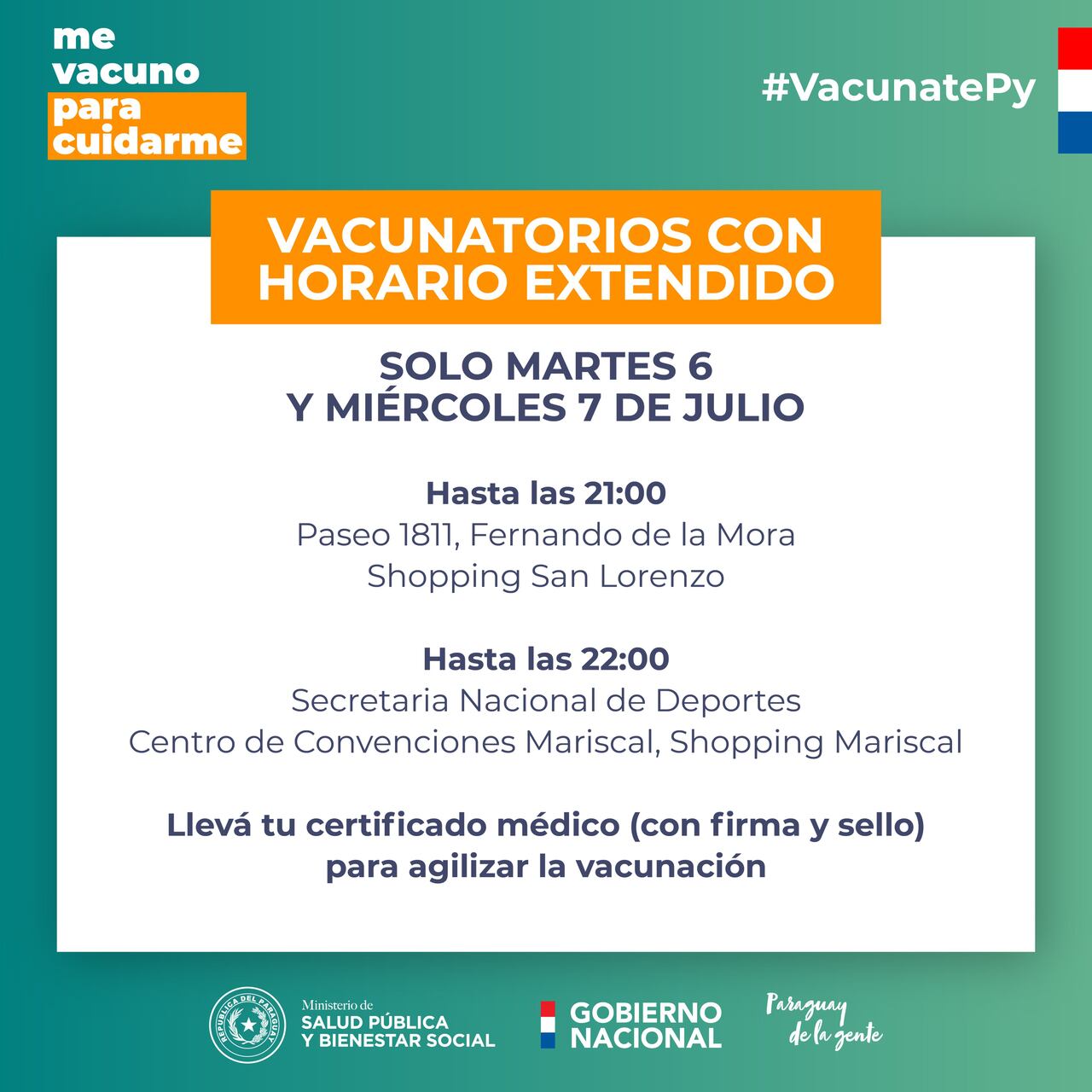 Salud extiende horario de atención en cuatro vacunatorios. Foto: MSPBS