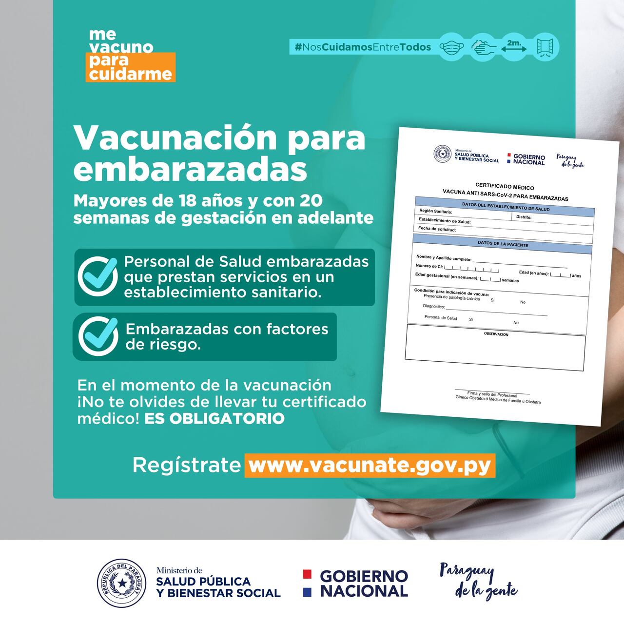 Vacunación anticovid: difunden certificado médico que deberán presentar embarazadas. Foto: MSPBS