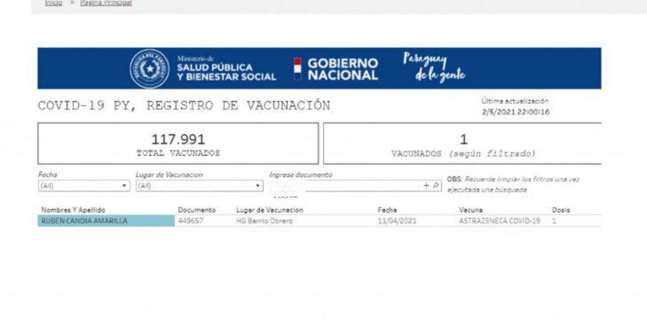 El exfiscal aparece en la lista de vacunados del Ministerio de Salud. Foto: captura de pantalla