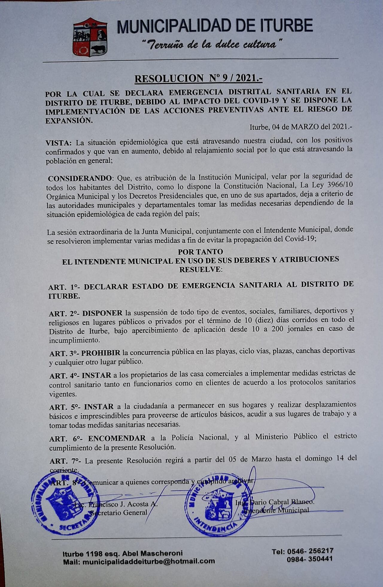 Ante aumento de casos, Iturbe declara emergencia sanitaria por 10 días. Foto: Gentileza