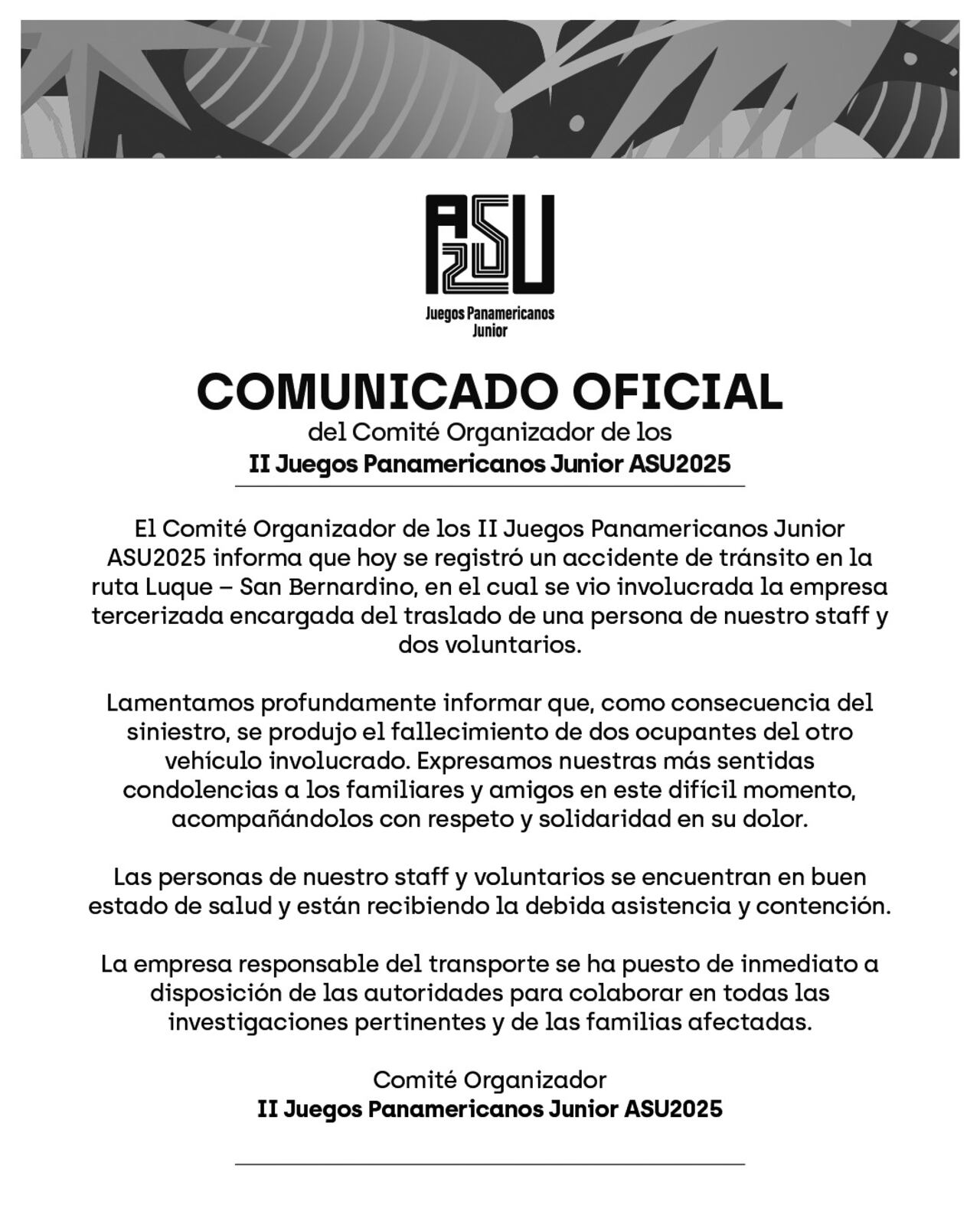 Comité organizador de ASU2025 emitió comunicado tras accidente de tránsito. Foto: gentileza