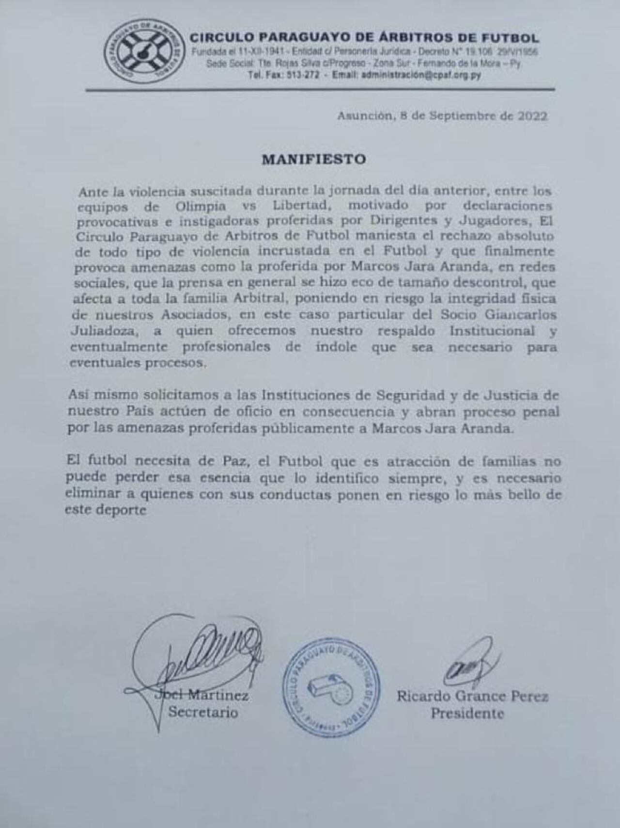 Comunicado Círculo de Árbitros de la APF. Foto: Gentileza