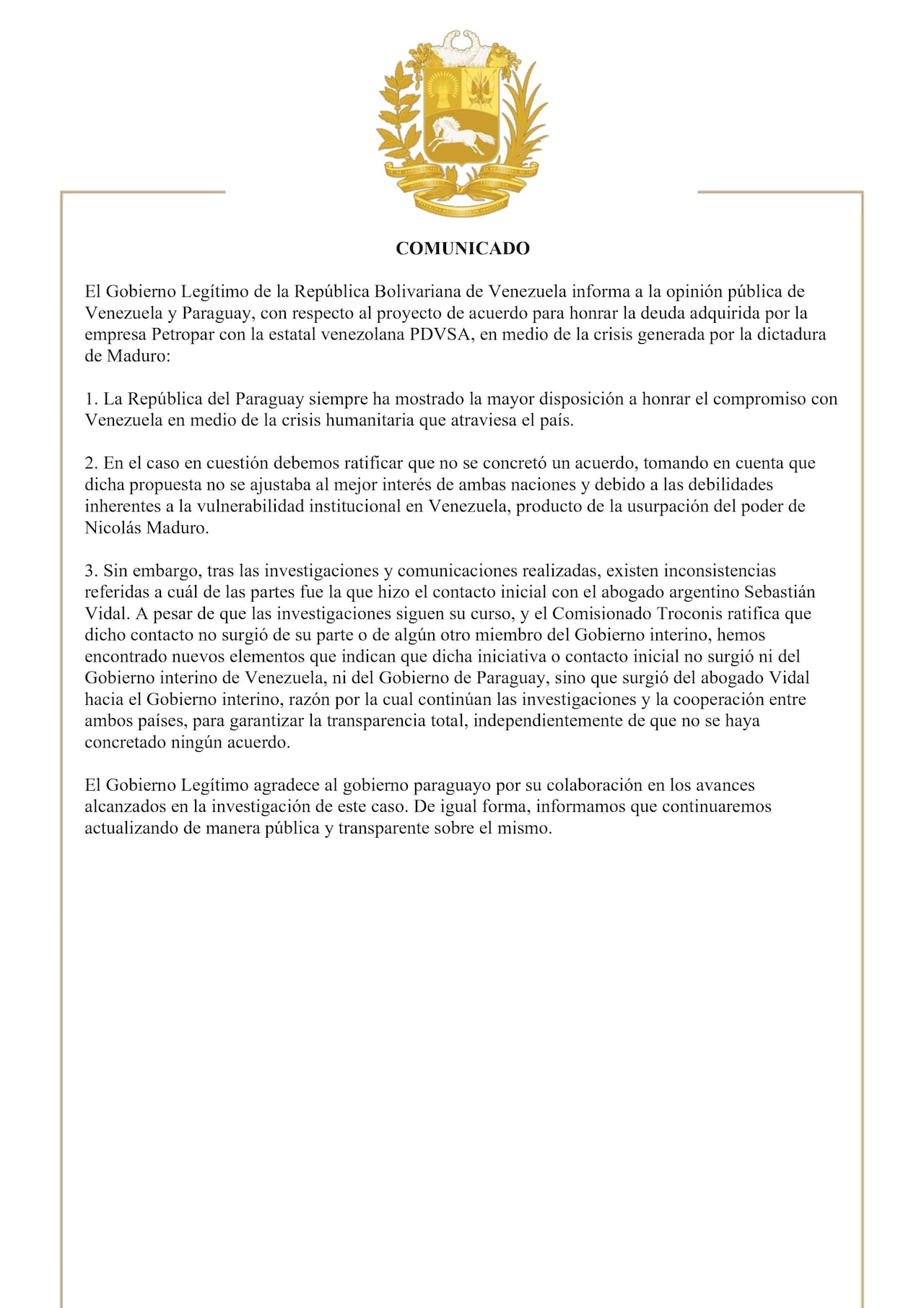 Comunicado del Gobierno Legítimo de la República Bolivariana de Venezuela. Foto: captura de pantalla.