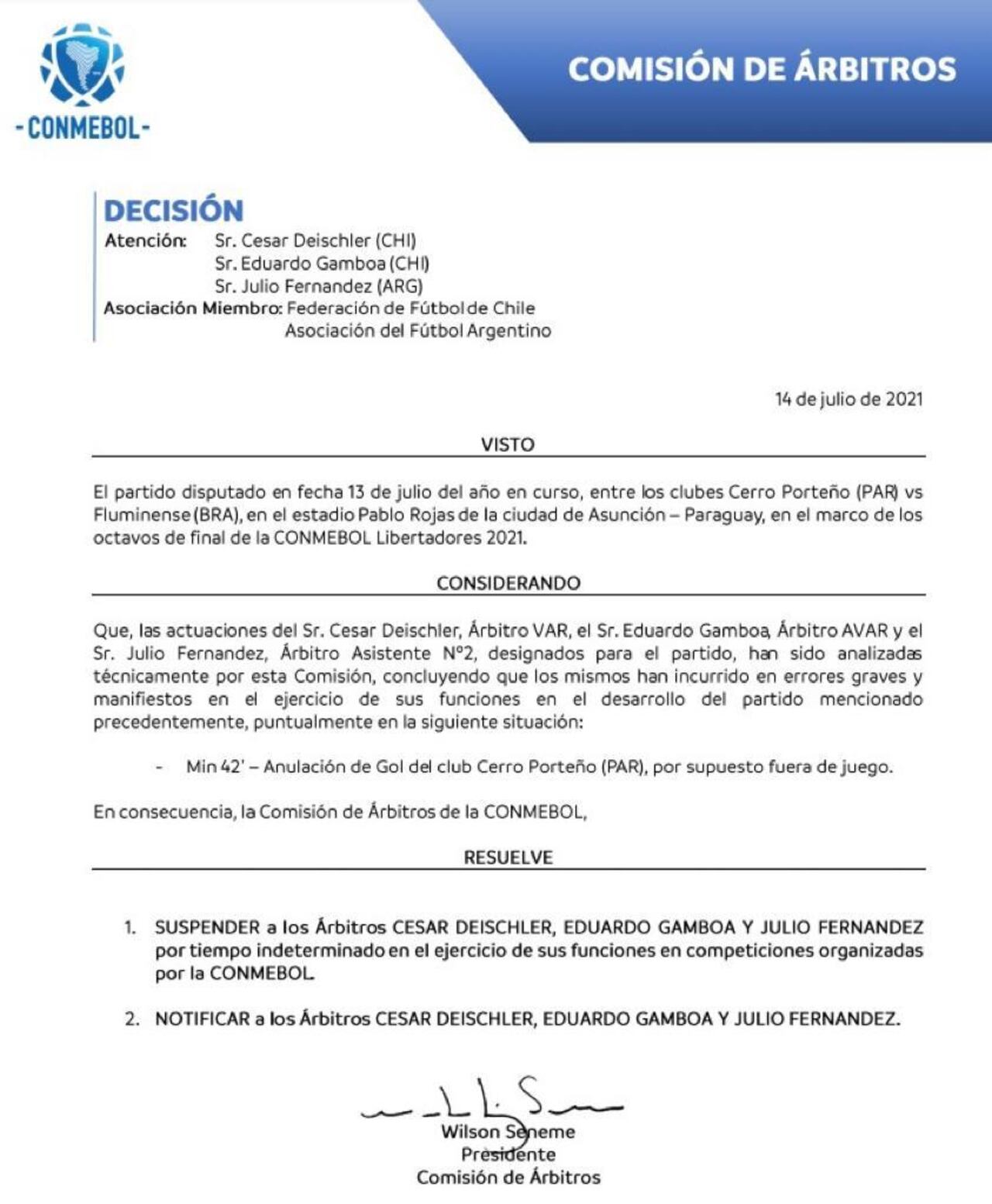 Comunicado de la Conmebol. Foto: Conmebol
