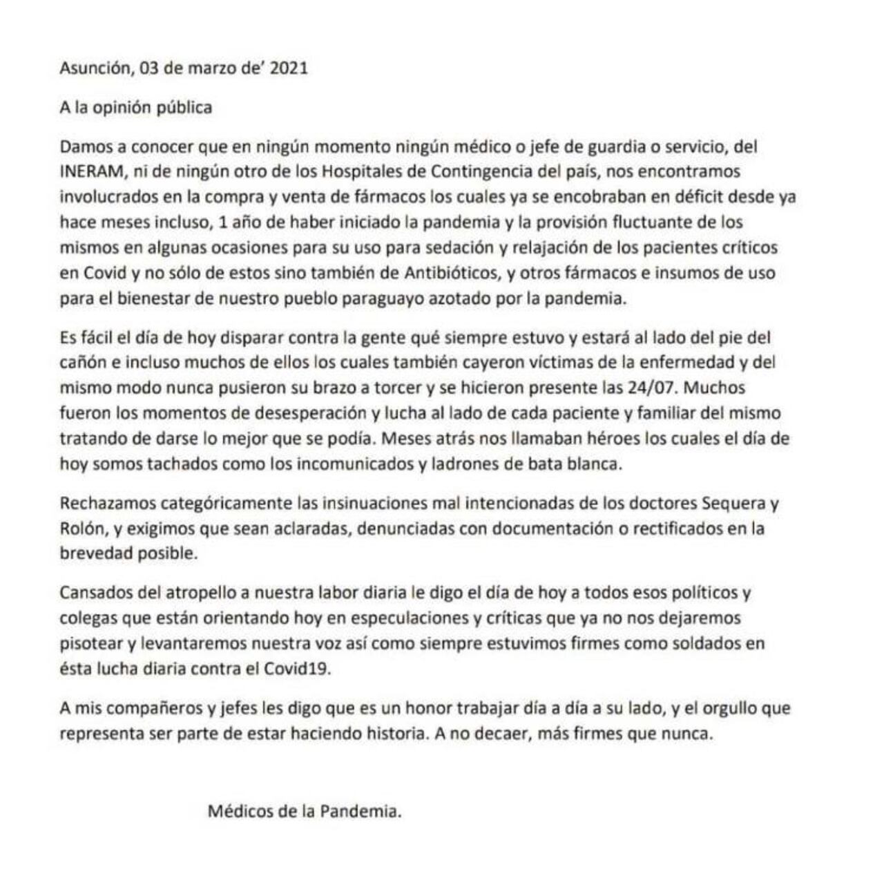 Comunicado de médicos del Ineram. Foto: gentileza.