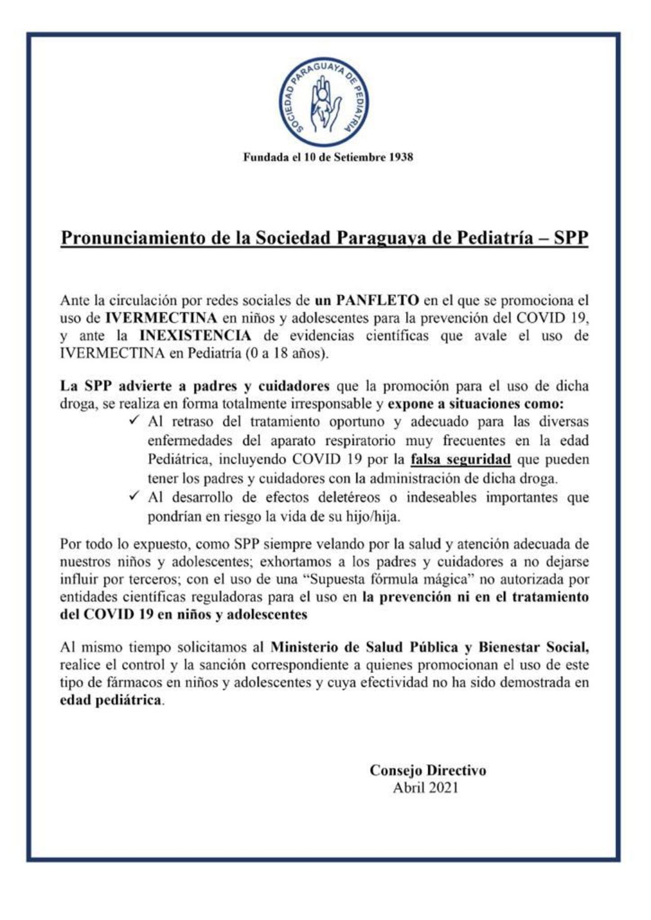 Comunicado Sociedad Paraguaya de Pediatría. Foto: Twitter