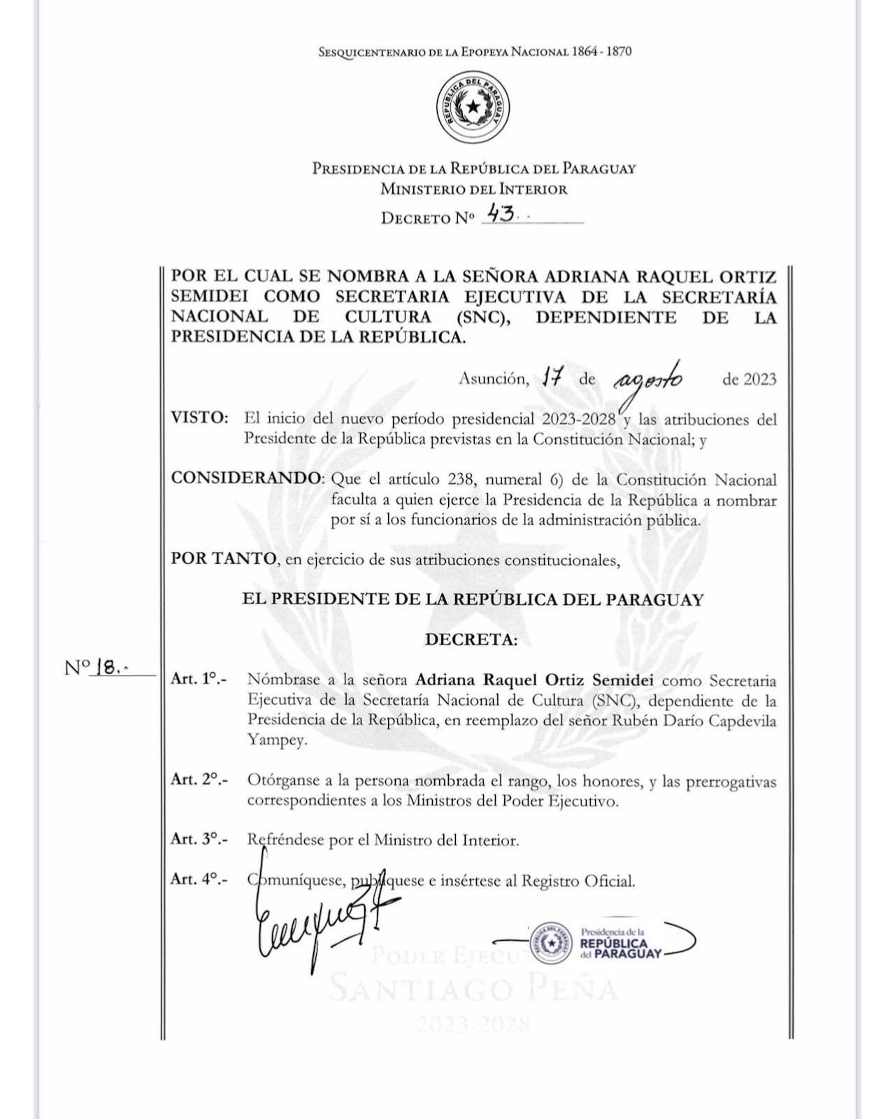 Decreto N° 43 firmado por el presidente Santiago Peña. Foto: Instagram.