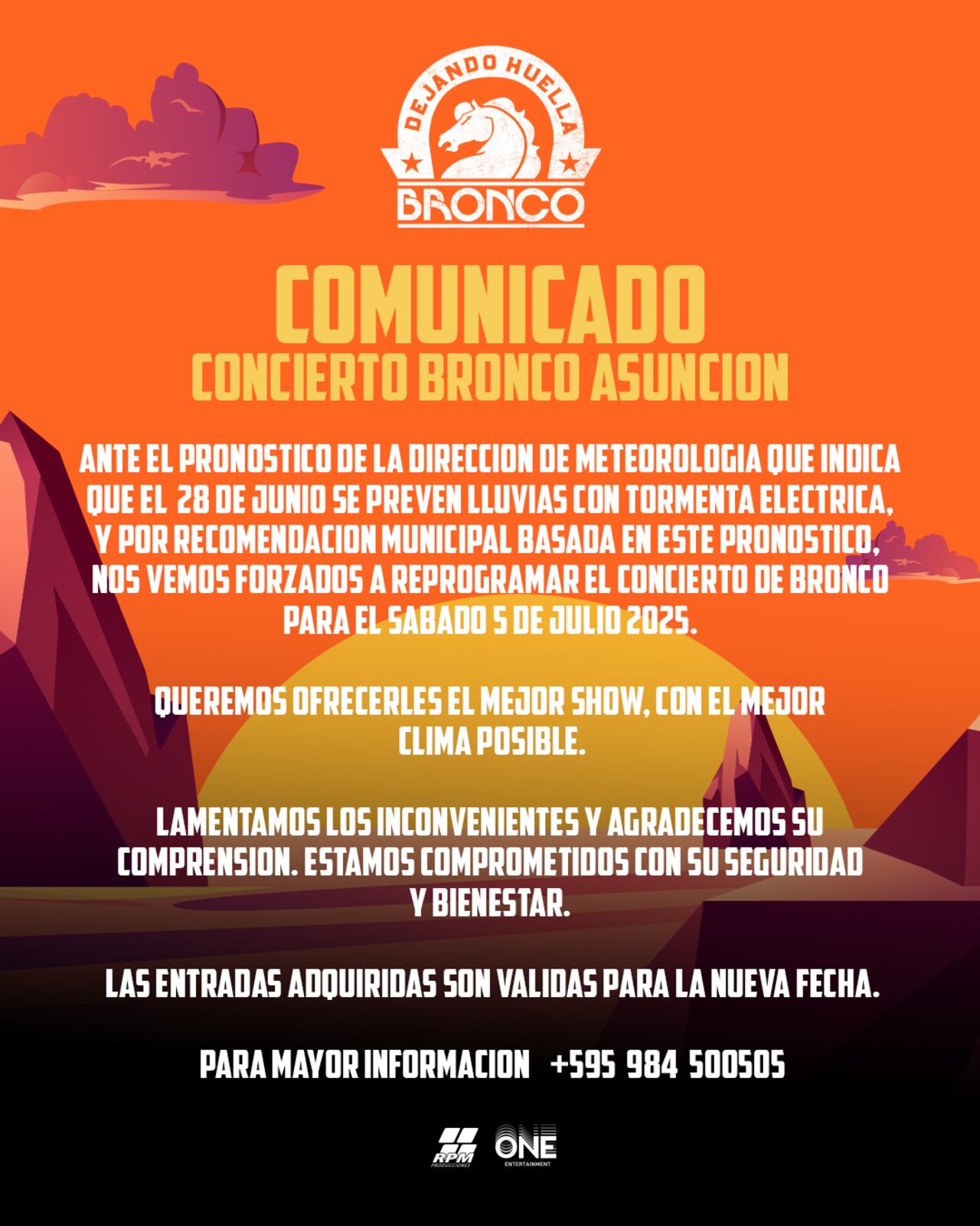 Reprograman el concierto de Bronco para el próximo 5 de julio. Foto: gentileza
