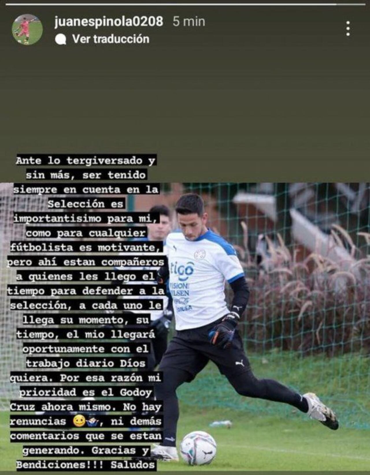 Espínola, a través de su cuenta de Instagram se pronunció al respecto. Foto: captura de pantalla